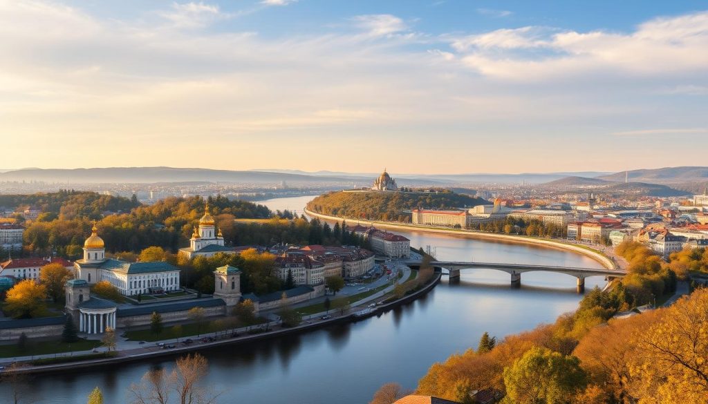 Панорама города Канев с видом на Днепр и Тарасову гору