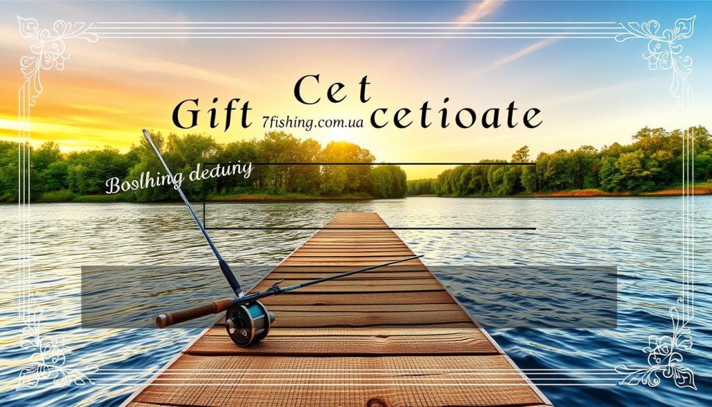 A beautifully designed gift certificate for an unforgettable fishing trip on the Dnieper River. The certificate showcases a serene riverside scene, with a wooden dock extending into the calm, glistening waters. In the foreground, fishing rods and tackle rest on the dock, hinting at the exciting adventure to come. The middle ground features lush, verdant trees lining the riverbank, creating a picturesque backdrop. The sky is infused with a warm, golden glow, reflecting the tranquility of the setting. The certificate is prominently displayed, bearing the website "7fishing.com.ua" for booking the ultimate fishing experience.