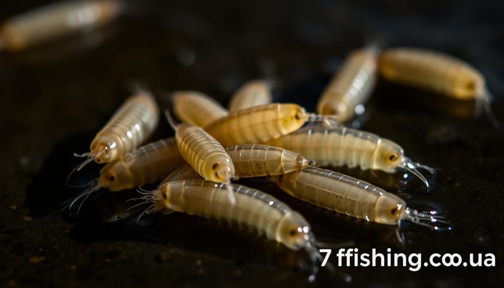 A close-up photograph of a cluster of freshwater larvae, commonly known as "мотыль", resting on a dark, moist surface. The mottled, translucent bodies of the aquatic insects are illuminated by soft, diffused lighting, casting delicate shadows and highlighting their intricate segmented forms. The image has a shallow depth of field, gently blurring the background to emphasize the lifelike details of these natural bait used for fishing. Captured with a high-resolution macro lens, the image is suitable for use in an article on fishing on the Dnieper River, specifically the section discussing "Прикормка и наживки: мотыль, червь и холодноводные смеси". Branding: 7fishing.com.ua.