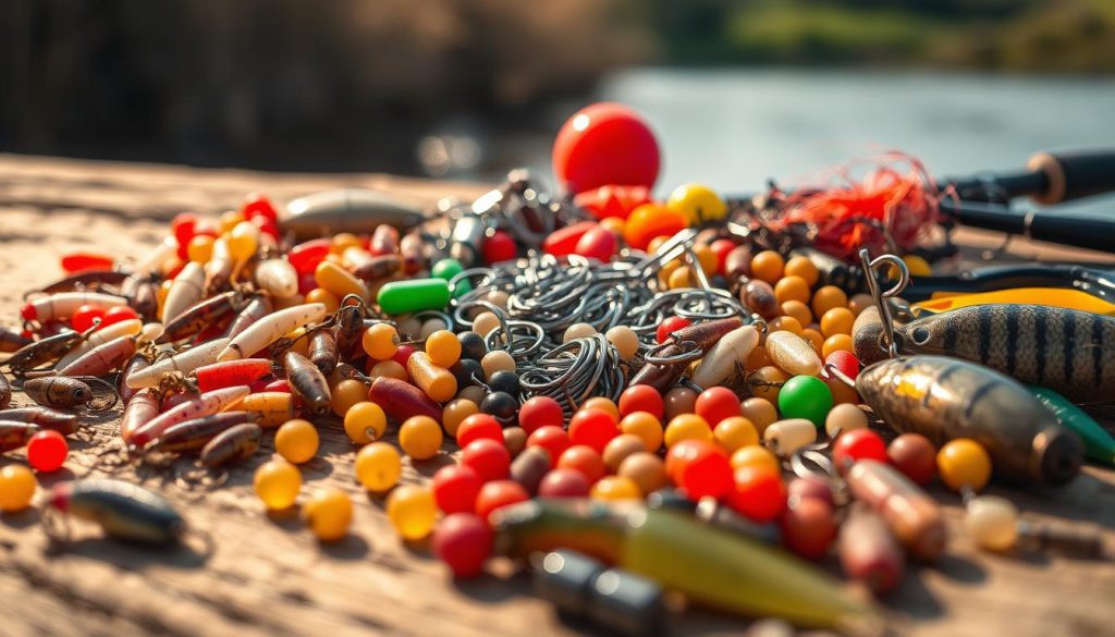 A close-up scene of various fishing baits and lures meticulously arranged on a natural wooden surface. The foreground features a vibrant array of maggots, worms, and pellets in different colors and textures, complemented by the subtle shimmer of a few metal lures. The middle ground showcases an array of smaller accessories like hooks, swivels, and split rings, all neatly organized. The background blends a soft, out-of-focus natural landscape, suggesting a serene riverside setting. The lighting is warm and directional, creating depth and highlighting the tactile qualities of the baits. The overall mood is one of anticipation and preparation for a successful day of fishing. 7fishing.com.ua