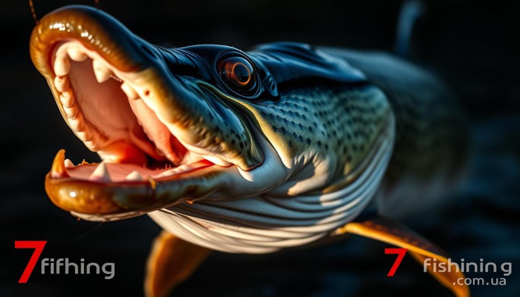 A close-up shot of a fierce northern pike (Esox lucius), known as "щука" in Ukrainian, with its distinctive elongated body, large jaws, and razor-sharp teeth. The pike is captured in a dynamic pose, mid-strike, as it ambushes its prey. The lighting is dramatic, creating deep shadows and highlights that accentuate the predator's powerful musculature and intense gaze. The background is blurred, putting the focus on the pike's formidable presence. The overall scene conveys the predatory nature of this apex freshwater fish, which is the key target species for anglers along the Dnieper River. Branding: 7fishing.com.ua