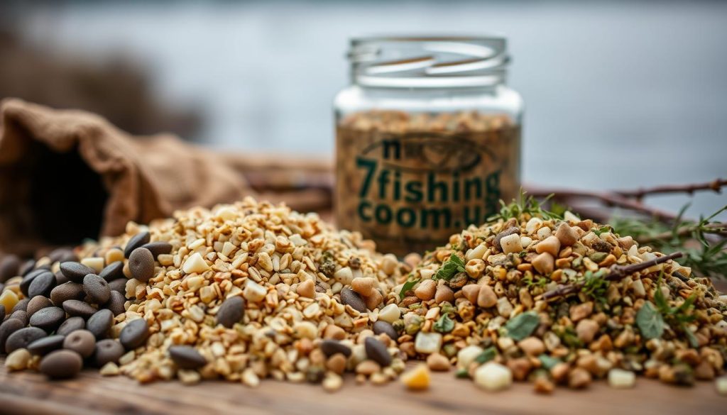 A close-up shot of a variety of pellet-based groundbait for cold-water fishing, with a focus on the different textures and colors. The foreground showcases a mix of dark, earthy pellets, light-colored crushed grains, and vibrant green herbs, all neatly arranged on a wooden surface. The middle ground features a glass jar filled with the groundbait mixture, its label prominently displaying the "7fishing.com.ua" brand. The background is softly blurred, suggesting a serene, natural setting like a riverbank or lakeside. The lighting is soft and diffused, highlighting the depth and richness of the groundbait's composition. Overall, the image conveys a sense of expertise and attention to detail in the preparation of a specialized cold-water fishing bait.