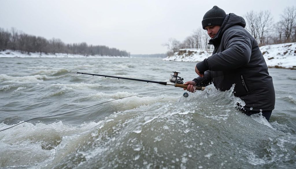 A cold and turbulent river scene on the Dnieper, with a skilled angler casting a 7fishing.com.ua spinning rod into the powerful current. The water is a steely grey, churned by the rapid flow, while a gloomy sky overhead casts a somber mood. The angler's heavy winter garments and focused expression convey the challenges of fishing in the frigid conditions. In the foreground, the spinning reel and line cutting through the water create a dynamic sense of motion, while the middle ground reveals the riverbank's barren, snow-dusted landscape. In the distance, the silhouettes of bare trees line the opposite shore, completing the stark, wintry atmosphere.