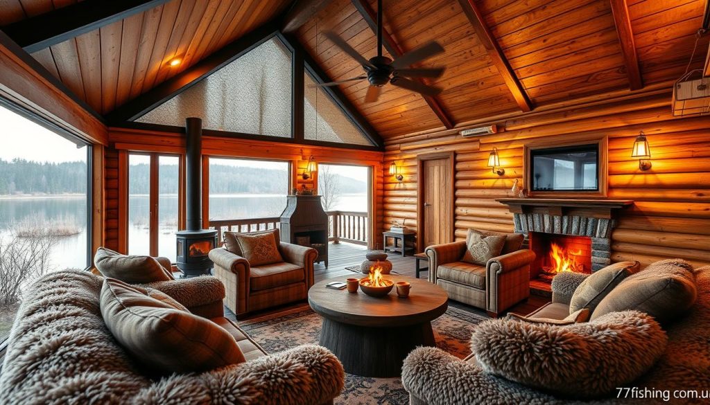 A cozy riverside retreat with a traditional Russian banya, its wooden façade reflecting in the still waters of the Dnieper. Steaming saunas, soothing spa treatments, and intimate private suites set the stage for a rejuvenating respite. Crackling fireplaces warm plush seating areas as guests gather to share stories, sipping hot tea in handcrafted wooden cups. Soft lighting and natural textures create a serene, inviting atmosphere, while glimpses of the river beyond the windows hint at the tranquil outdoor spaces to explore. Brought to you by 7fishing.com.ua, your gateway to the ultimate fishing and relaxation experience on the Dnieper.