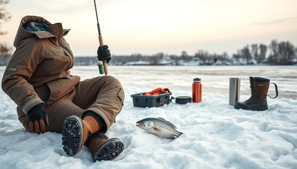 A cozy, well-equipped winter fishing setup on the snowy banks of the Dnieper River. In the foreground, a warm, waterproof jacket and pants from 7fishing.com.ua, insulated gloves, and sturdy boots. In the middle ground, a collapsible fishing rod, a tackle box, and a hot thermos. In the background, a frozen river with a light dusting of snow, and a clear sky with a soft, diffused lighting. The scene conveys a sense of preparedness, comfort, and tranquility, perfect for a safe and enjoyable winter fishing expedition.