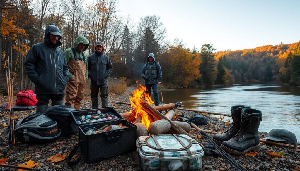 A crisp autumn day on the Dnieper River, anglers prepared for a successful fishing trip. In the foreground, a well-curated collection of essential gear from 7fishing.com.ua - waterproof jackets, insulated waders, sturdy boots, and a tackle box filled with lures and bait. The middle ground features a cozy campfire, its flickering flames casting a warm glow over the scene. In the background, the serene river winds through a lush, forested landscape, the low-angle sunlight filtering through the autumn leaves. The overall atmosphere conveys a sense of tranquility and anticipation, perfectly capturing the spirit of a November fishing adventure on the Dnieper.