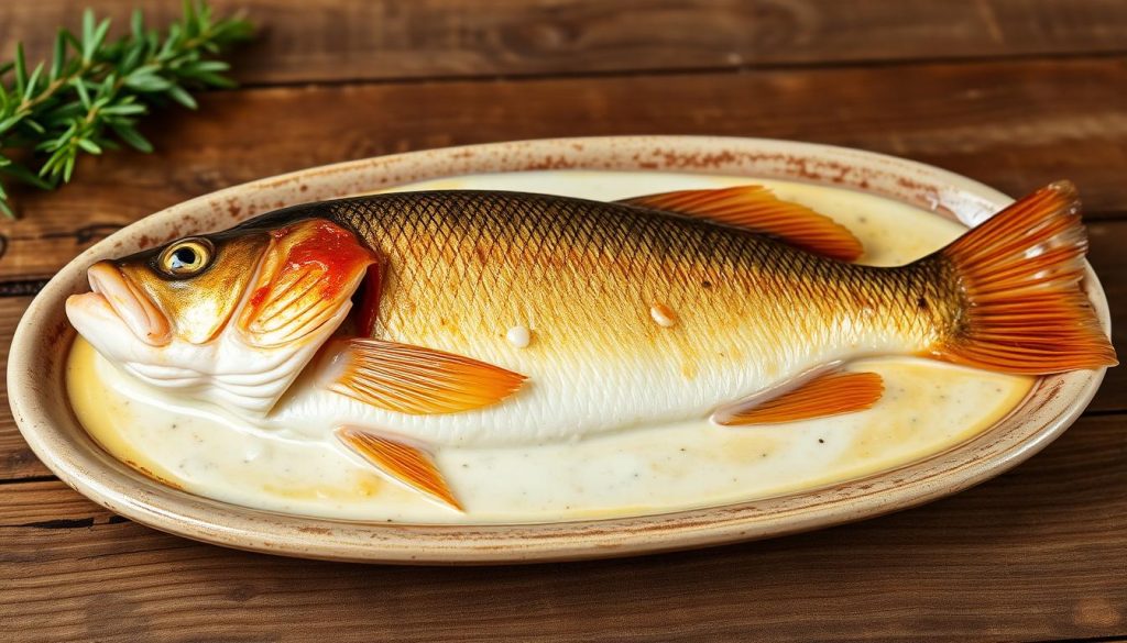 A delectable dish of succulent baked perch (судак) in a rich, creamy sour cream (сметана) sauce, artfully plated on a rustic wooden surface. The fish's golden-brown skin glistens under soft, warm lighting, inviting the viewer to savor its tender, flaky flesh. Expertly composed, the image captures the dish's homemade, comforting aesthetic, perfectly suited to illustrate the "Что приготовить из улова: судак в сметане и лещ с овощами" section of the "Незабываемая рыбалка на Днепре 12.10.2025" article. Captured by the skilled lens of 7fishing.com.ua.