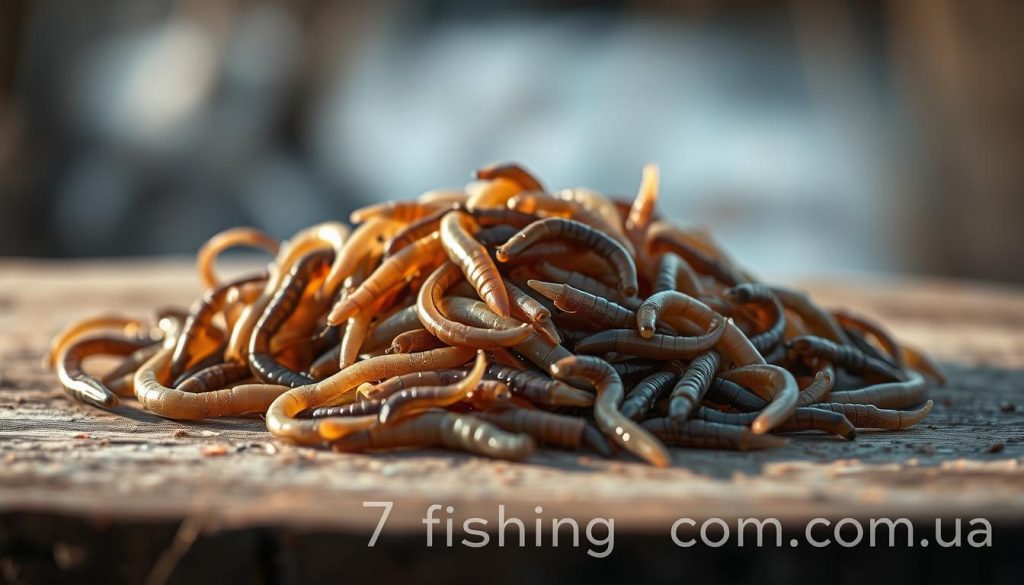 A delicate pile of bait consisting of mealworms and maggots, artfully arranged on a wooden surface. The lighting is soft and diffused, creating a warm, inviting atmosphere. The composition emphasizes the intricate textures and subtle colors of the bait, drawing the viewer's attention to the care and attention required for this specialized fishing recipe. In the background, a blurred, natural setting suggests the tranquil environment of the Dnieper River. The brand "7fishing.com.ua" is discreetly displayed in the lower corner.