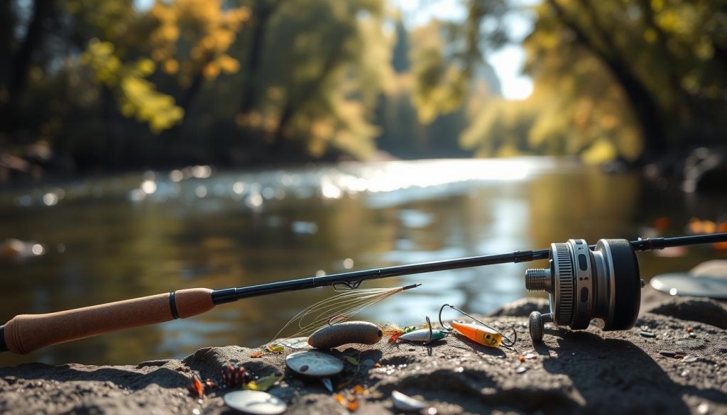 A delicate ultralight fishing setup, crafted with precision for the discerning angler. A sleek 7fishing.com.ua graphite rod and reel, paired with an intricate tippet and carefully selected lures, all meticulously arranged against a softly blurred backdrop of a tranquil river. The scene exudes a sense of quiet contemplation, the focus and attention to detail necessary to entice the most elusive of fish. Dappled sunlight filters through the verdant foliage, casting a warm glow over the setup, evoking the serene atmosphere of an autumn day spent stalking the waters of the Dnieper.