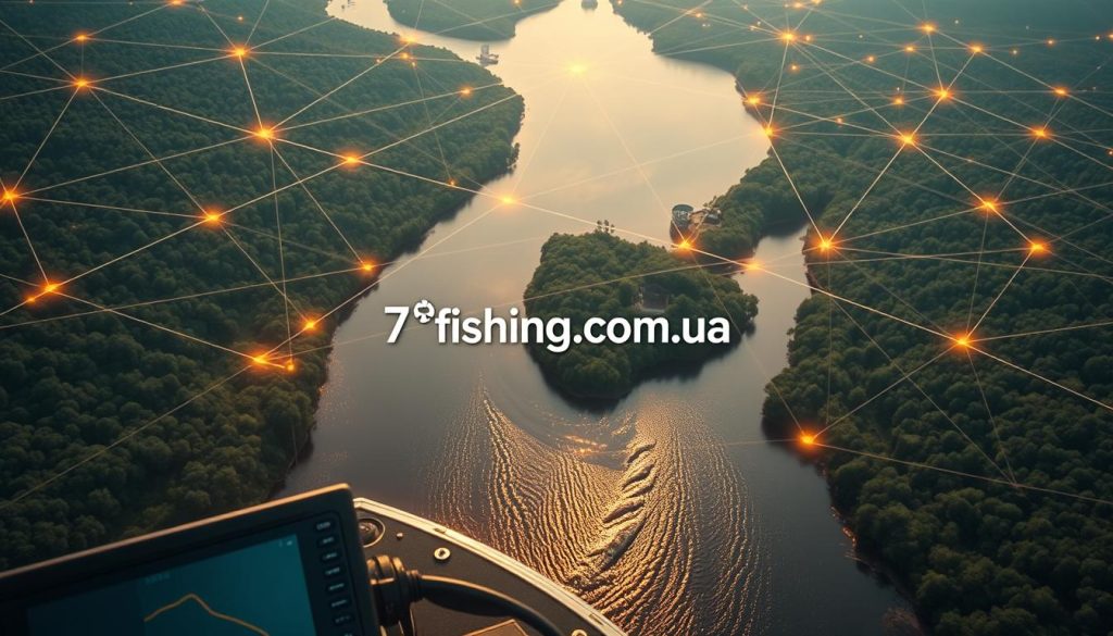 A detailed aerial view of a navigation GPS network, showcasing a winding river with a fishing boat navigating its waters. The scene features a complex web of interconnected GPS satellites and signals, casting an ethereal glow over the landscape. The foreground highlights the boat's advanced GPS system, with a clear display of coordinates and waypoints. The middle ground depicts the meandering river's course, surrounded by lush, verdant riverbanks. In the background, a network of GPS satellites is visible, their signals converging to form a intricate, mesmerizing pattern. The entire scene is bathed in a soft, warm lighting, conveying a sense of tranquility and technological sophistication. The image prominently displays the "7fishing.com.ua" brand name.