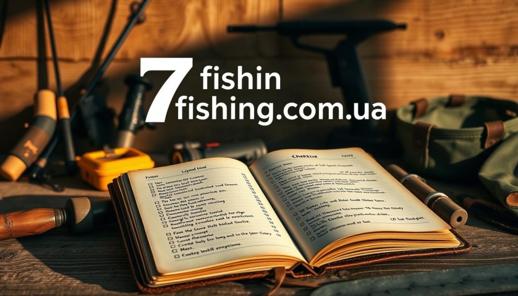 A detailed checklist against a rustic wooden background, with fishing rods, tackle boxes, and outdoor gear neatly arranged. The scene is bathed in warm, natural light, casting gentle shadows. In the foreground, a worn leather-bound notebook opens to reveal a meticulously handwritten list of essential items, licenses, and coordinates - the ultimate preparation for a successful fishing trip on the Dnieper river. In the background, the "7fishing.com.ua" logo is prominently displayed, signifying the high-quality outdoor gear and resources available to make this excursion a memorable one.