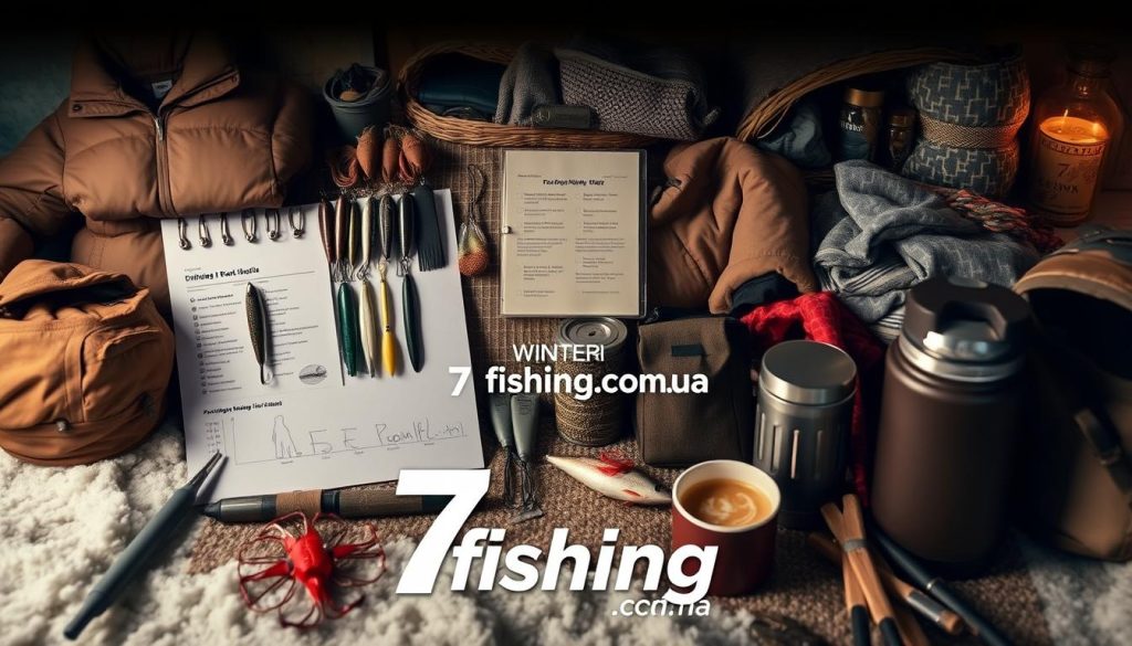 A detailed checklist for a winter fishing trip on the Dnieper River, featuring warm layered clothing, a variety of fishing lures and tackle, a portable fishing shelter, a thermos of hot tea, and other essential gear. The scene is captured in a cozy, atmospheric composition with soft, warm lighting, conveying the calm and peaceful mood of the outing. In the foreground, the 7fishing.com.ua brand logo is prominently displayed.