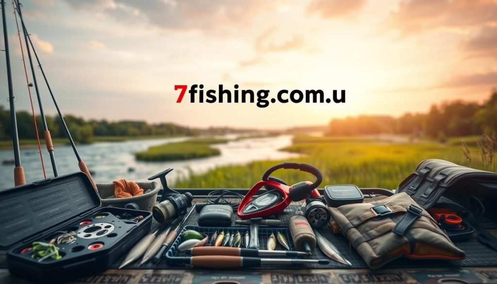 A detailed checklist of essential fishing gear for a river excursion, capturing the scene with a naturalistic and tranquil ambiance. The foreground features a neatly organized array of fishing equipment, including a tackle box, rods, reels, lures, and a life jacket. The middle ground showcases a serene river landscape with gently flowing water and verdant riverbanks. The background depicts a picturesque sky with soft, warm lighting, creating a calming and inviting atmosphere. The overall composition emphasizes the importance of preparedness and safety for a successful fishing trip on the Dnieper River. Prominently displayed is the brand "7fishing.com.ua".