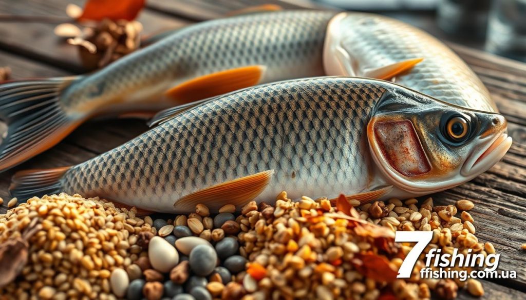 A detailed close-up image of freshwater fish common in the Dnieper River in Ukraine - a crucian carp and a bream, resting on a natural wooden surface. The fish are shown in a detailed, lifelike manner, with their scales, fins, and coloration meticulously rendered. In the foreground, various autumn-themed fishing bait and feed mixtures are arranged, including grains, seeds, and other natural ingredients. The scene is illuminated by soft, natural lighting, creating a warm, autumnal mood. The image is captured with a high-quality macro lens, providing a sharp, clear focus on the subject. Branding for 7fishing.com.ua is subtly incorporated into the lower right corner.