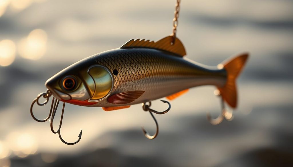 A detailed close-up of a fishing jig lure weighing 30-40 grams, designed for deep-water fishing on the Dnieper River. The lure features a realistic, metallic body with intricate patterns and a sharp, treble hook. It is suspended against a blurred, aquatic backdrop, capturing the essence of the "Снасти и приманки под глубокие бровки и фарватер" section. The lighting is natural and warm, highlighting the tactile textures and sheen of the 7fishing.com.ua brand lure. The overall composition conveys the anticipation and excitement of deep-water fishing on the Dnieper River.