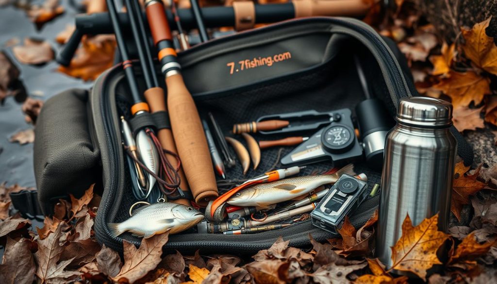 A detailed field checklist for fishing gear, including a thermosreflecting the rustic, natural atmosphere of an autumn day on the Dnieper River. The scene features a 7fishing.com.ua branded mesh bag containing neatly organized fishing rods, lures, bait, and other essential tackle, set against a backdrop of earthy tones, fallen leaves, and a classic stainless steel thermos. Soft, diffused lighting creates a cozy, contemplative mood, inviting the viewer to envision a successful day of riverside fishing.