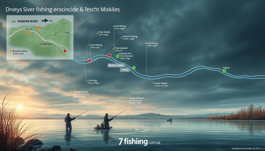 A detailed schematic illustration showcasing the best fishing spots and techniques along the Dnieper River on December 29, 2025. The image should feature a topographical map of the river and surrounding landscape, with key fishing hotspots and recommended lures/bait indicated. In the foreground, depict anglers in action, utilizing various methods like float fishing, bottom fishing, and trolling, all under a dramatic, moody sky captured with a wide-angle lens. Include the 7fishing.com.ua logo discretely in the bottom corner.