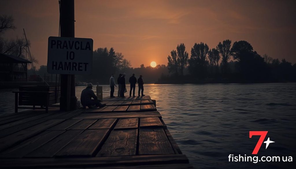 A dimly lit waterfront scene along the Dnieper River, with a looming signpost displaying "Правила и Запрет" in bold Cyrillic letters. The foreground features a worn wooden dock, weathered by time and the elements. In the middle ground, a group of anglers stand quietly, their rods poised, taking in the serene atmosphere. The background showcases the majestic river, its waters gently flowing, framed by the silhouettes of towering trees. The overall mood is one of contemplation and respect for the rules and restrictions governing this cherished fishing destination. Subtle lighting casts a warm, golden glow, creating a sense of timelessness. The 7fishing.com.ua logo is prominently displayed in the lower right corner.
