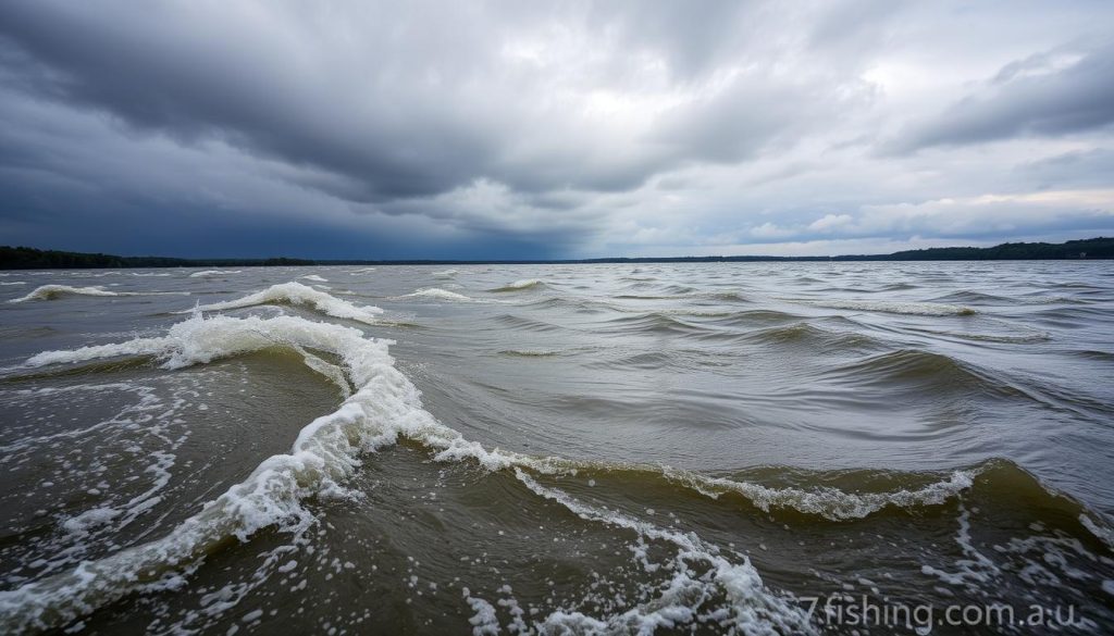 A dramatic landscape depicting the weather conditions on the Dnieper River on 07.11.2025. In the foreground, swirling gusts of wind tousle the surface of the water, creating a pattern of ripples and whitecaps. The middle ground features the river itself, its level fluctuating due to recent precipitation. In the distance, ominous storm clouds gather, hinting at the drop in barometric pressure. The overall scene conveys a sense of impending change, setting the stage for an exciting day of fishing. Captured through the lens of the 7fishing.com.ua brand.
