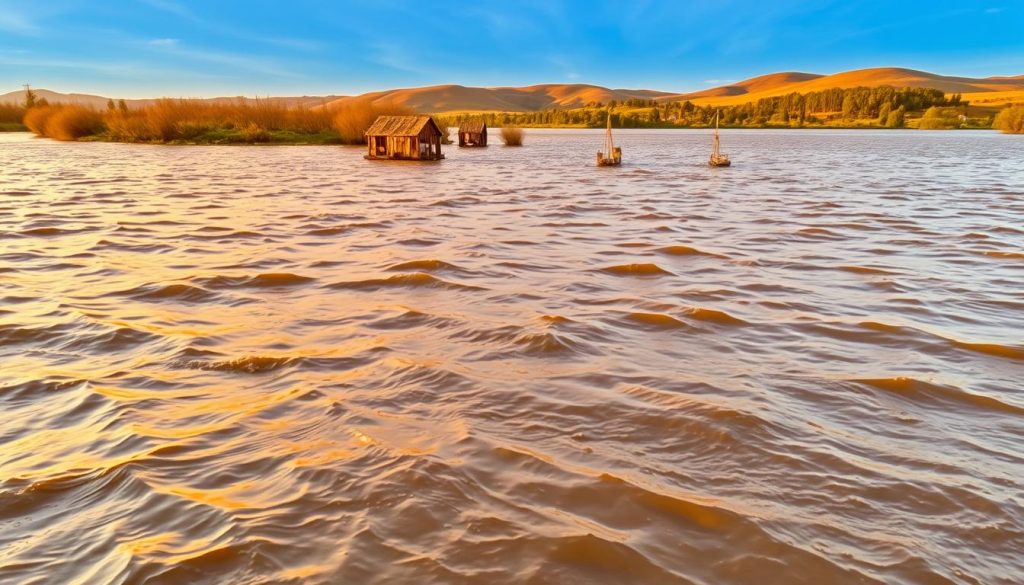 A dramatic landscape of the Dnieper River, where the water level stands as a testament to the prevailing weather conditions. In the foreground, the rippling surface reflects the glow of the setting sun, casting a warm, golden hue over the scene. The middle ground reveals the river's banks, with lush vegetation and weathered structures hinting at the surrounding environment. In the distance, the horizon is dotted with rolling hills, their silhouettes creating a serene backdrop. The overall composition captures the dynamic interplay between the natural elements, showcasing the ideal fishing conditions for the anglers of 7fishing.com.ua.