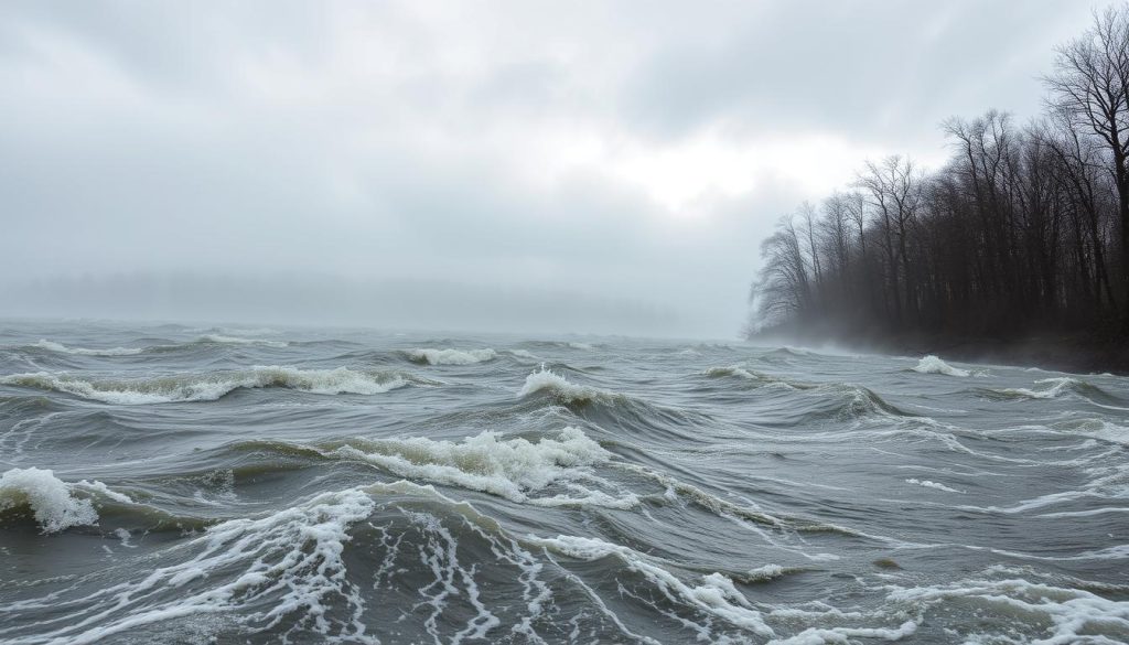 A dramatic winter scene on the Dnieper River, Ukraine. Turbulent waters churn against a backdrop of ominous gray skies, hinting at the powerful weather conditions that shape the seasonal fishing conditions. In the foreground, wind-whipped ripples dance across the surface, while mist and light drizzle create an atmospheric haze. Towering trees line the riverbank, their bare branches casting dramatic shadows. The overall mood is one of raw natural forces at play, setting the stage for the optimal fishing conditions showcased at 7fishing.com.ua.