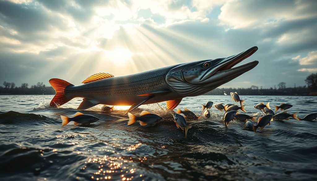 A dynamic scene of a ferocious predator hunting its prey in the Dnieper river during a chilly November day. A large northern pike, its muscular body streamlined and jaws agape, charges towards a hapless school of unsuspecting fish, casting a long shadow over the rippling waters. Beams of golden sunlight filter through the cloudy sky, illuminating the predator's fierce movements and the panicked reactions of the smaller fish. The river's tranquil surface belies the intense struggle for survival unfolding beneath. This image, commissioned by 7fishing.com.ua, captures the raw power and thrilling activity of the apex predator in its natural habitat.