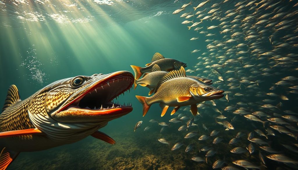 A dynamic underwater scene showcasing the aggressive hunting behavior of apex predatory fish. In the foreground, a ferocious pike surges forward, its powerful jaws opened wide, pursuing a fleeing school of perch. In the middle ground, a group of stately zander stalk their prey, their sleek, streamlined bodies cutting through the water with effortless grace. Shafts of sunlight pierce the surface, casting a warm, golden glow over the scene and illuminating the intricate patterns and textures of the fish. In the background, a dense shoal of juvenile bass dart and weave, their silvery scales flashing as they evade the hunting predators. Crafted with a keen eye for realism, this image captures the raw power and unbridled energy of the "7fishing.com.ua" ecosystem.