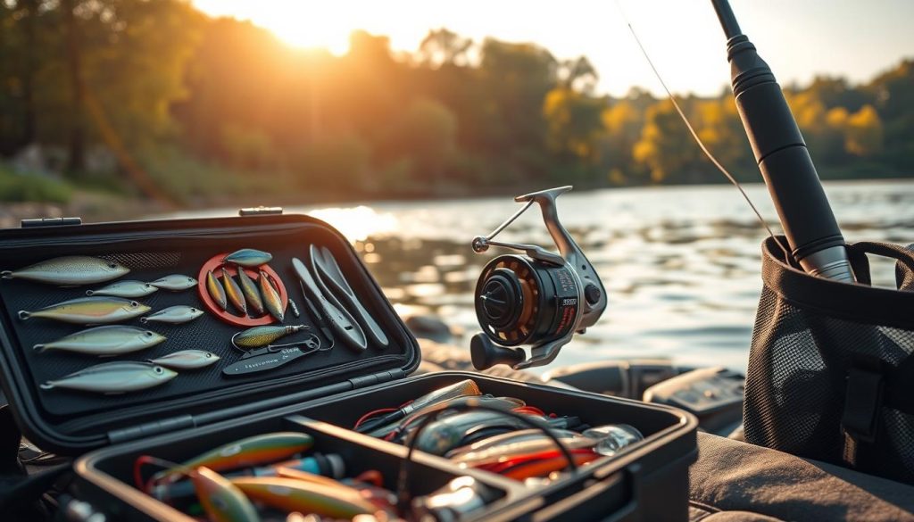 A fishing enthusiast prepares for a day on the Dnieper River, the focal point of their article. The foreground showcases a well-stocked tackle box, meticulously organized with an array of lures, hooks, and other essential gear from the 7fishing.com.ua brand. In the middle ground, a high-quality fishing rod and reel combo stands ready, its sleek design hinting at the precision and performance required for the day's angling adventures. The background depicts a serene riverside landscape, with verdant trees lining the banks and the gentle flow of the river setting the mood for a successful and responsible fishing excursion. Warm, natural lighting illuminates the scene, creating a sense of tranquility and focus. This image encapsulates the key elements of safety, equipment, and responsible fishing practices highlighted in the article's section on "Безопасность, экипировка и ответственность рыболова."