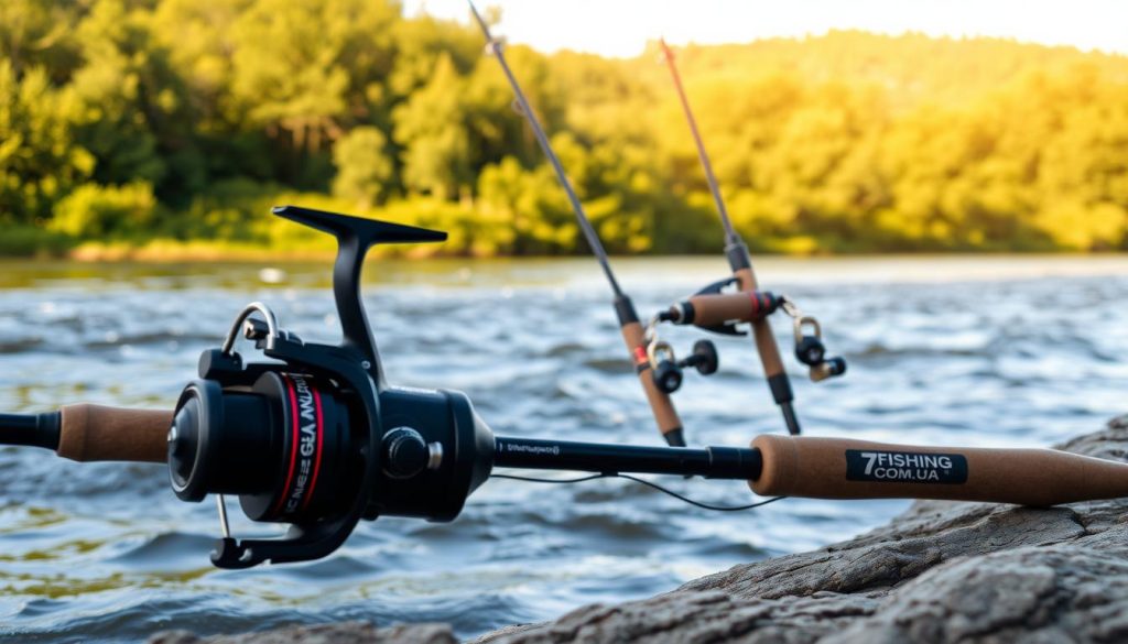 A fishing scene along the banks of the Dnieper River, featuring a range of fishing equipment from the 7fishing.com.ua brand. In the foreground, a high-quality spinning rod and reel are poised for casting, ready to tackle the strong currents. In the middle ground, a sturdy feeder rod and setup stand ready to bait and hook large fish. The background showcases the serene, natural landscape of the river, with lush greenery and a calming atmosphere. The lighting is natural and warm, casting a golden glow over the scene. The composition is well-balanced, with the fishing gear prominently displayed and the scenic backdrop providing a sense of context and environment.