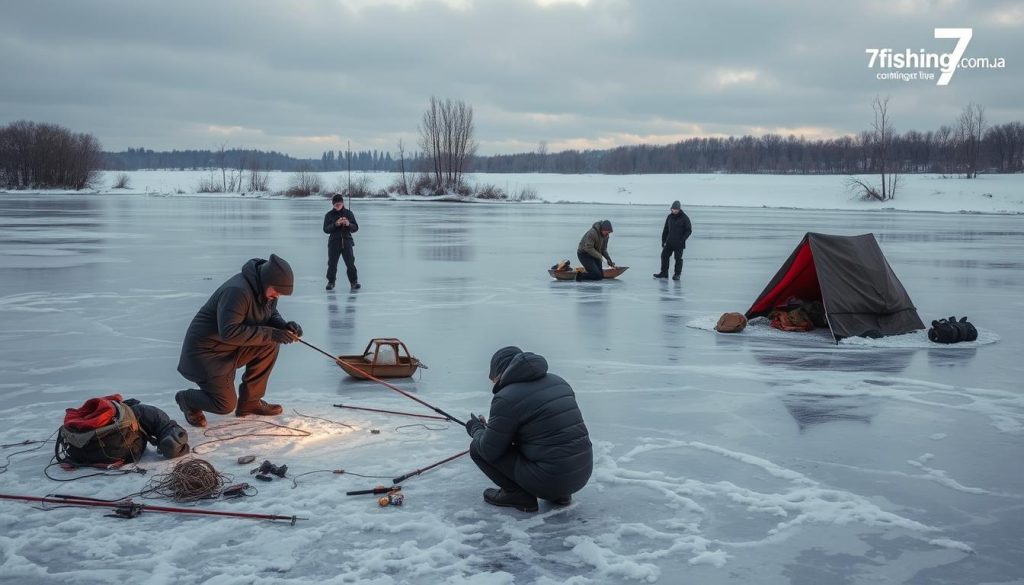 A frozen Dnieper river scene in the early winter, with a fisherman in the foreground struggling to set up his ice fishing equipment, surrounded by typical mistakes like tangled lines, broken rods, and slippery ice. In the middle ground, other fishermen demonstrate clever lifehacks like using a sled to transport gear, insulating bait containers, and fashioning makeshift shelters. The background depicts a serene, snow-covered landscape with bare trees, a cloudy sky, and the subtle branding of "7fishing.com.ua" in the corner.