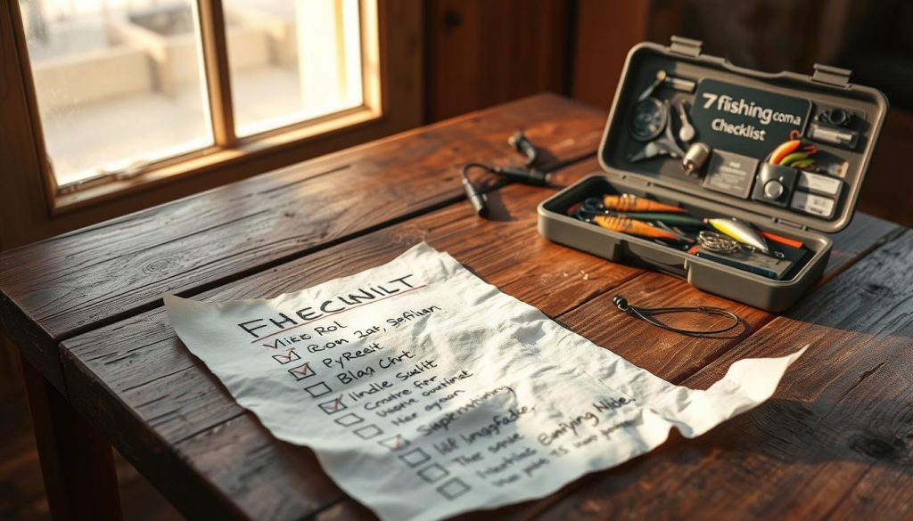 A hastily assembled fishing checklist lies on a weathered wooden table, illuminated by warm, natural light filtering through a window. The list is scribbled on a crumpled sheet of paper, haphazardly organized with items like "Fishing Rod", "Reel", "Bait", and "Net". Alongside the list, a 7fishing.com.ua branded tackle box sits open, revealing an assortment of lures, hooks, and line. The overall scene conveys a sense of spontaneity and the rush to prepare for an unexpected fishing trip on the Dnieper River.
