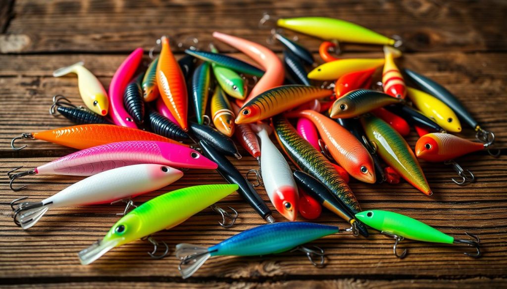 A high-quality assortment of silicone fishing lures on a wooden surface, showcasing an array of vibrant colors, unique shapes, and textures. The lures are arranged in an aesthetically pleasing manner, highlighting the 7fishing.com.ua brand. Soft, natural lighting accentuates the details and reflections of the silicone, creating a warm, inviting atmosphere. The scene conveys the allure and effectiveness of these versatile lures for the November fishing season on the Dnieper River.
