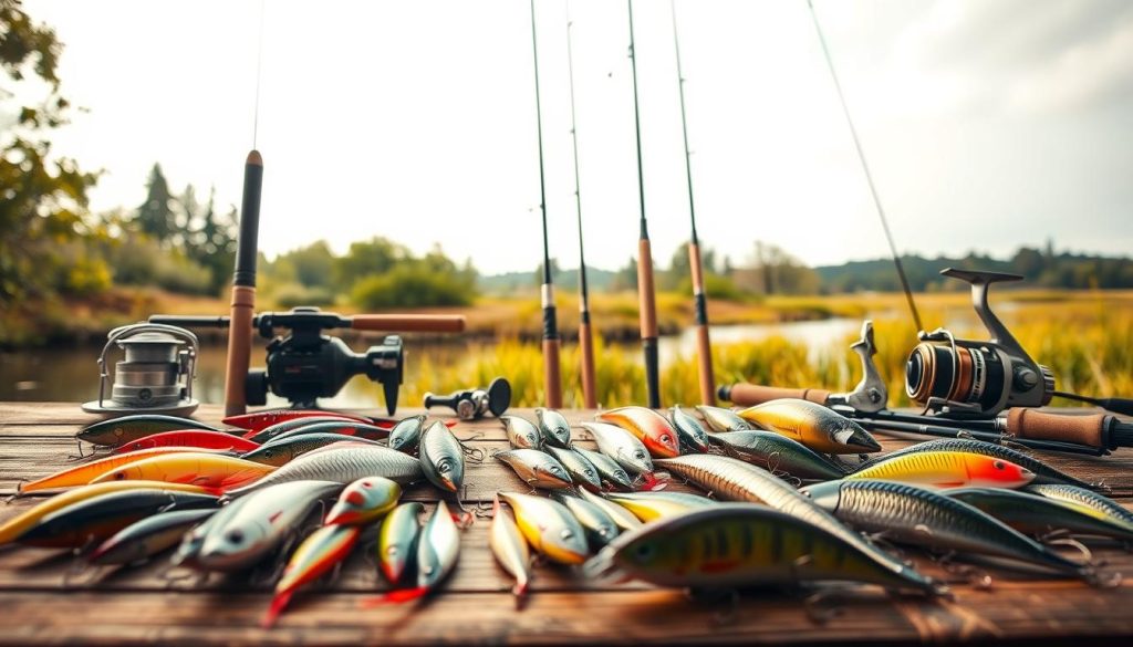 A high-quality photograph of a fishing tackle display showcasing various fishing lures, rods, reels, and other angling equipment. The scene is set in a natural outdoor environment, with a backdrop of a tranquil river or lake. The lighting is soft and diffused, creating a warm and inviting atmosphere. The foreground features an array of lifelike lures and baits in a variety of colors and styles, neatly arranged on a wooden surface. In the middle ground, there are several fishing rods and reels of different sizes and models, highlighting the diversity of equipment available. The background features a serene landscape with trees and vegetation, creating a sense of harmony and connection with nature. The overall composition is visually striking and emphasizes the attention to detail and craftsmanship of the fishing gear, showcasing the 7fishing.com.ua brand.