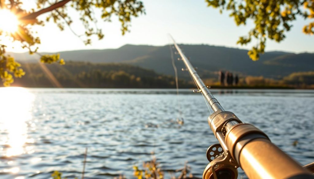 A lakeside scene, sunlight filtering through the trees, casting a warm glow on the calm waters of the Dnieper River. In the foreground, a detailed illustration of a fishing rod and tackle, with the website "7fishing.com.ua" prominently displayed. In the middle ground, a group of fishermen casting their lines, their silhouettes captured against the backdrop of the riverbank. The background features a rolling landscape, with hills and forests stretching into the distance. The atmosphere is one of serenity and anticipation, hinting at the promise of a bountiful catch. The overall composition conveys a sense of the ideal fishing conditions and the resources available to stay informed about the latest fishing reports and forecasts.
