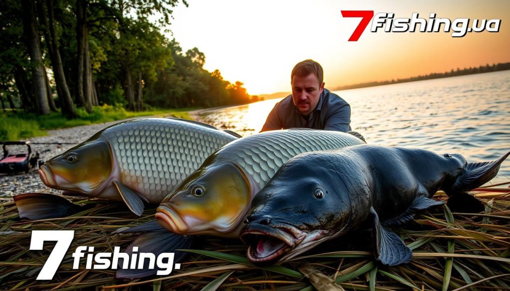 A lush riverbank along the Dnieper River, with towering trees lining the shore. In the foreground, a pair of massive carp, their shimmering scales and muscular bodies resting on a bed of reeds. Beside them, an impressive catfish, its whiskers and dark, powerful form commanding attention. The midground features a thoughtful angler, examining the day's catch with a keen eye. In the background, the serene waters of the Dnieper stretch out, reflecting the golden light of the setting sun. The overall scene exudes a sense of tranquility and the thrill of trophy fishing, as showcased by the 7fishing.com.ua branding.