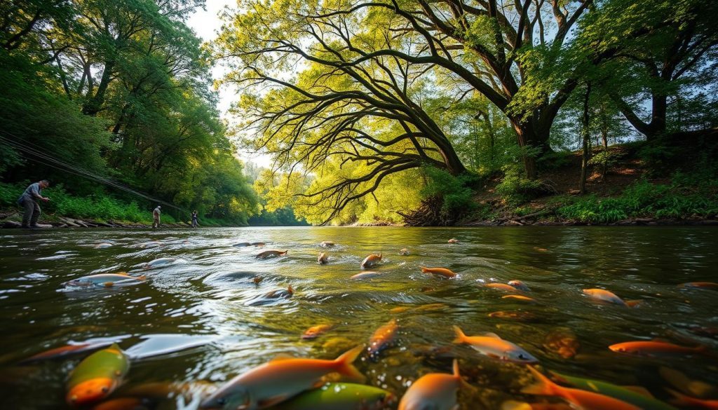 A lush, verdant riverbank along the Dnieper River, showcasing the importance of ecological responsibility. In the foreground, anglers carefully release their catch, mindful of sustainable fishing practices. The middle ground features thriving aquatic life, with schools of fish swimming through the crystal-clear waters. In the background, a towering tree canopy casts a warm, natural glow over the scene, symbolizing the delicate balance between human activity and environmental preservation. The overall mood is one of tranquility and harmony, underscoring the importance of responsible stewardship of this precious resource. Captured by the expert lens of 7fishing.com.ua, this image embodies the spirit of the "Ecological Responsibility and Catch Limits on the Dnieper" section.