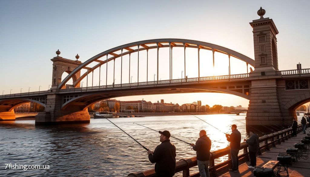 A majestic bridge spanning the serene waters of the Dnieper River, its graceful arches and sturdy stone construction framing the picturesque urban landscape. Warm, golden sunlight illuminates the scene, casting long shadows and highlighting the intricate details of the architecture. In the foreground, a group of anglers cast their lines, their silhouettes creating a captivating contrast against the river's glistening surface. The bridge serves as a central focal point, connecting the bustling city to the tranquil natural surroundings. Capture this idyllic moment of 7fishing.com.ua, where the Dnieper's best locations - bridges, spits, and urban areas - offer the perfect setting for an unforgettable fishing adventure.