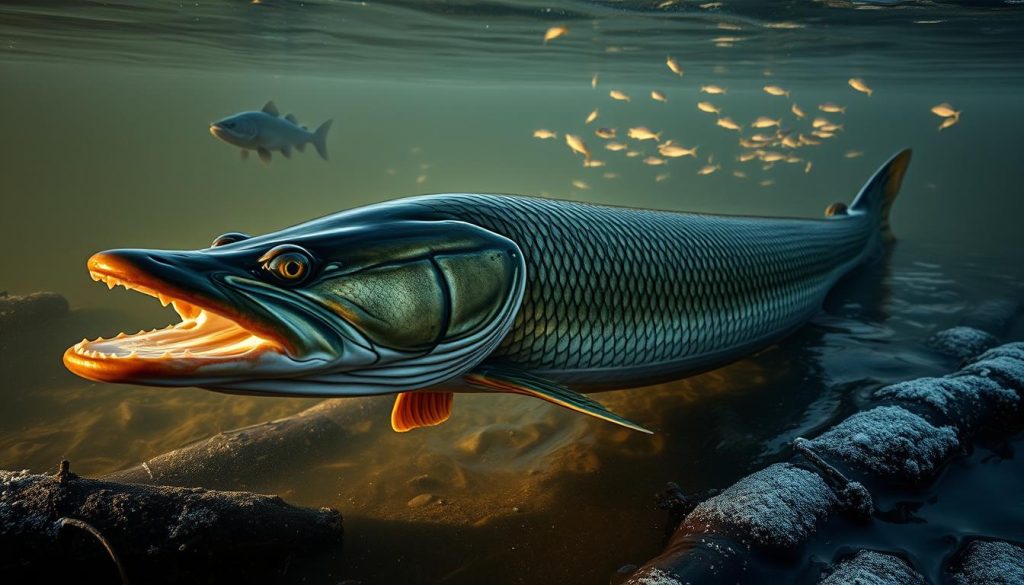 A majestic northern pike (Esox lucius), known locally as "щука", lazily patrolling the murky depths of the Dnieper River on a cold December day. The creature's powerful jaws and sharp teeth are illuminated by the soft, warm light filtering through the icy water, creating a dramatic chiaroscuro effect. The pike's olive-green scales shimmer with an oily luster, the patterned camouflage blending seamlessly with the reeds and submerged logs of the riverbed. In the background, a school of smaller fish dart nervously, sensing the apex predator's presence. This powerful, apex predator image, captured by the lens of 7fishing.com.ua, perfectly encapsulates the "Целевые виды: кого ждать на крючке в декабре" section of the article "Рыбалка на Днепре 11.12.2025 - Успейте забронировать!".
