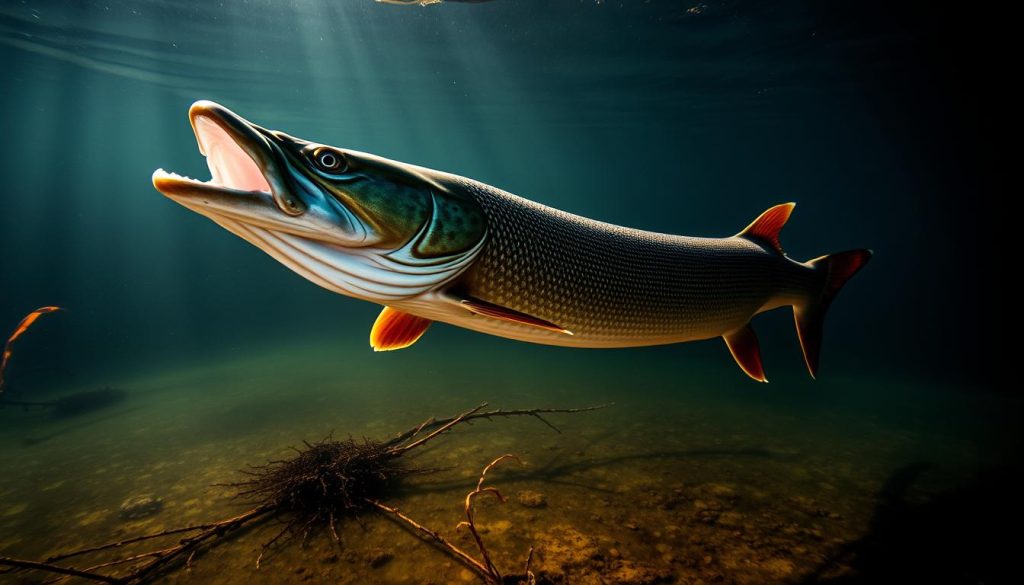 A majestic northern pike (Esox lucius), locally known as "щука", swims gracefully in the murky waters of the Dnieper River. The predatory fish's long, sleek body is adorned with vibrant green and golden hues, while its sharp teeth glisten menacingly. Captured in a mid-strike pose, the pike's powerful jaws are open, ready to ambush an unsuspecting prey. The scene is illuminated by natural light filtering through the water, creating a dramatic, chiaroscuro effect. In the background, the silhouettes of submerged aquatic plants and the river's bed can be seen, adding depth and a sense of the pike's underwater environment. This image, captured by 7fishing.com.ua, perfectly encapsulates the thrilling experience of hunting for this formidable freshwater apex predator during the peak of its winter feeding frenzy.