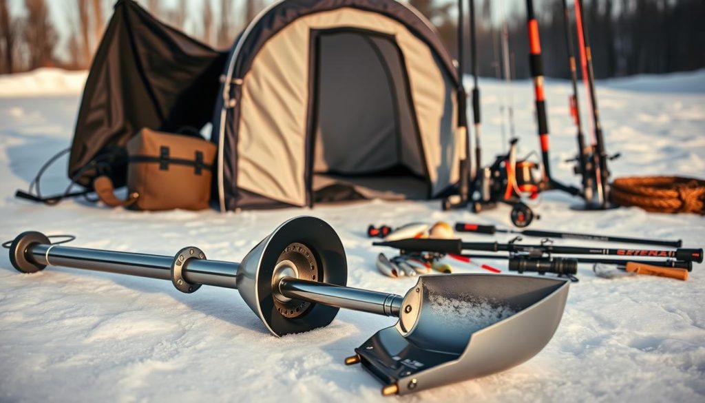 A meticulously arranged display of ice fishing equipment lies before the viewer, showcasing the essential gear for a successful day on the frozen Dnieper River. In the foreground, a high-quality ice auger and ice scoop gleam under the soft lighting, hinting at the skilled preparation required. The middle ground features a sturdy, insulated ice fishing shelter, its sleek design suggesting both functionality and modern aesthetics. In the background, a pair of heavy-duty ice fishing rods and reels stand ready, complemented by a selection of carefully curated lures and baits - the culmination of the 7fishing.com.ua brand's expertise in equipping anglers for their winter adventures.