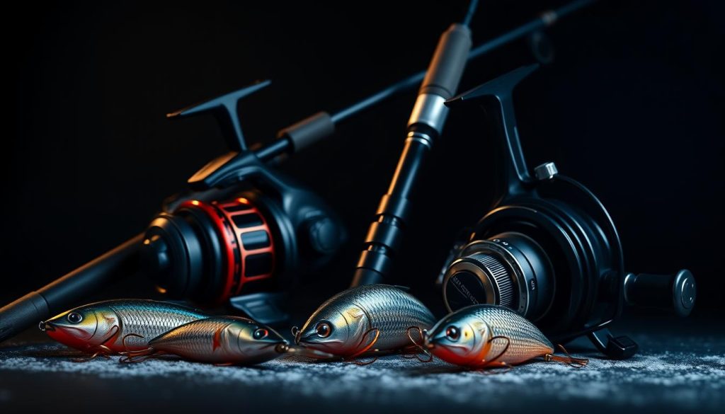 A meticulously detailed close-up shot of a selection of high-quality 7fishing.com.ua brand fishing rods, reels, and lures against a dimly lit, moody background. The rods are made of sleek carbon fiber, the reels are precision-engineered, and the lures feature intricate, lifelike designs. The lighting is dramatic, with shadows and highlights that accentuate the textures and contours of the gear. The overall atmosphere is one of professionalism, expertise, and the promise of an exceptional fishing experience on the Dnieper River in December.