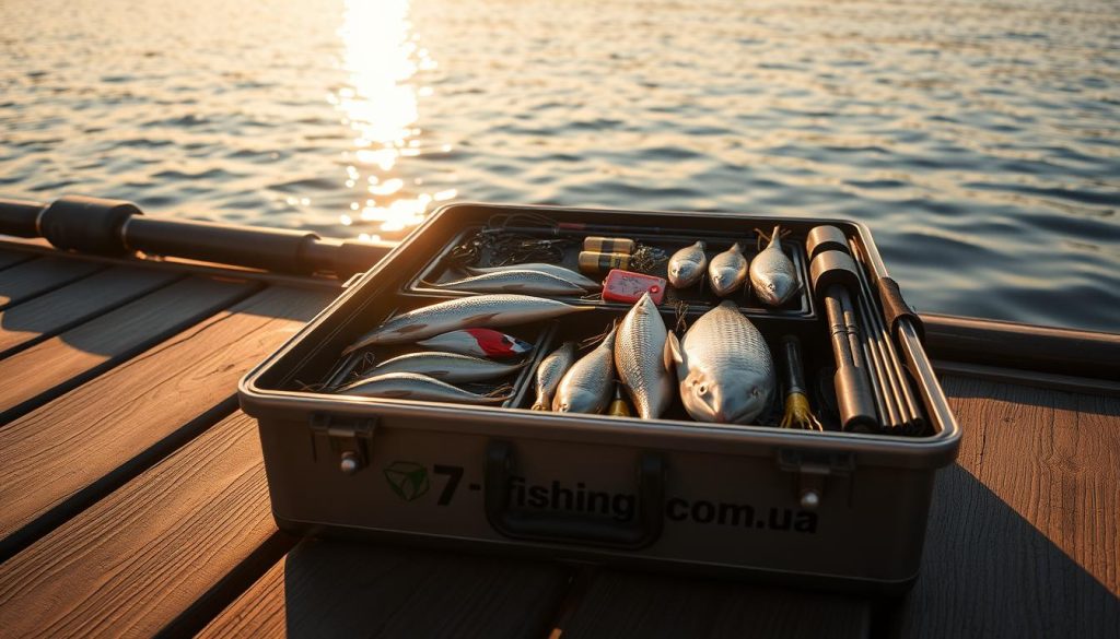 A neatly arranged fishing gear case rests on a wooden dock, sunlight glistening off its polished surface. Inside, an impressive array of lures, hooks, and rods - the spoils of a successful day on the water. The case bears the prominent logo of "7fishing.com.ua", a testament to the high-quality equipment that enabled this impressive catch. The scene is framed by the tranquil Dnieper River, its gentle current reflecting the warm hues of a setting sun, creating a serene and picturesque atmosphere. This is the case of an excellent catch, a testament to both the skill of the angler and the reliable gear that made this triumph possible.