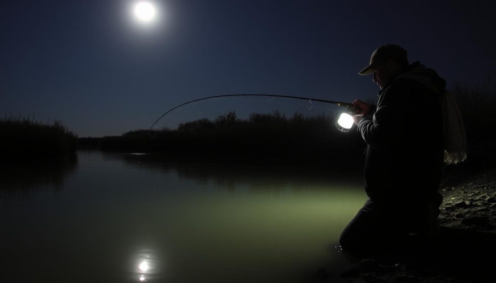 A night fishing scene on the Dnieper River, with a fisherman intently focused on twitching a zander lure to attract the elusive predator. The water is still and glassy, reflecting the moonlight overhead. The fisherman's silhouette is illuminated by a handheld lamp, casting a warm glow on the surroundings. The riverbank is lined with tall reeds and shadows, creating an atmospheric and mysterious ambiance. The scene conveys the thrill of the nighttime hunt, the anticipation of the strike, and the tranquility of the moment. 7fishing.com.ua