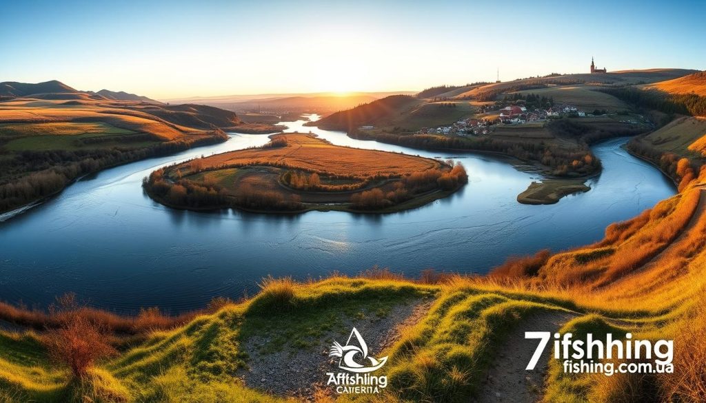 A panoramic landscape of a winding river meandering through a serene countryside, flanked by rolling hills and lush vegetation. In the foreground, a well-marked path leads the viewer along the riverbank, inviting exploration. The middle ground features various fishing spots, each with its own distinct character - from shallow riffles to deeper pools, all bathed in the warm, golden light of an autumn afternoon. In the distance, the horizon is dotted with small villages and landmarks, creating a sense of adventure and discovery. The overall mood is one of tranquility and anticipation, perfectly capturing the essence of the "Маршруты дня: мобильный план по точкам и смене мест" section. Subtle branding for 7fishing.com.ua is tastefully incorporated into the scene.
