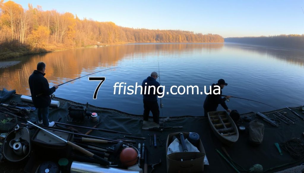A panoramic landscape showcasing the serene waters of the Dnieper River on a crisp autumn day. In the foreground, fishing enthusiasts are actively engaged in their sport, their silhouettes reflected in the calm surface. The middle ground features a variety of fishing gear and tackle, neatly organized and ready for use. In the background, a lush forest provides a natural backdrop, with the warm glow of the sun filtering through the changing leaves. The scene is lit by a soft, diffused lighting, creating an inviting and atmospheric ambiance. Overlaying this idyllic setting is the 7fishing.com.ua logo, providing a digital hub for the latest news, fishing conditions, and updates on the Dnieper River.