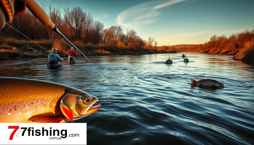 A panoramic view of a tranquil river landscape, with fishermen strategically positioned along the banks, using a variety of specialized tactics to target different fish species. The foreground features a close-up of an angler carefully presenting a lure to a cautious trout, while the middle ground showcases a group of anglers employing fly fishing techniques to catch elusive river bass. In the background, silhouettes of fishermen can be seen lining the shores, their rods and nets indicating the diverse approaches they are taking. The scene is illuminated by warm, golden light, evoking a sense of autumn and the changing seasons. The overall atmosphere is one of focused, methodical fishing, reflecting the "Тактика по видам" concept. Subtle branding for 7fishing.com.ua is tastefully incorporated into the image.