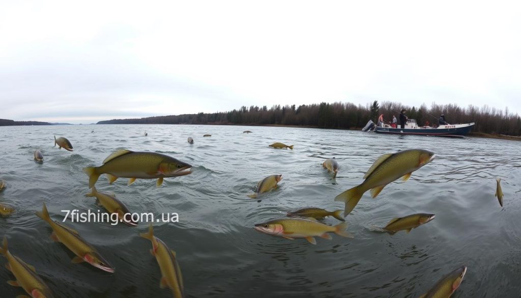 A panoramic view of the Dnieper River on a chilly December day, with a light overcast sky casting a soft, diffused light across the scene. In the foreground, a variety of freshwater fish species swim gracefully through the rippling waters, their scales glistening under the natural illumination. The middle ground features a cluster of fishing boats, their hulls reflecting the surrounding landscape, as anglers prepare their lines and lures, anticipating a successful day on the water. In the background, the banks of the Dnieper are lined with dense forest greenery, hinting at the scenic beauty that surrounds this renowned fishing destination. The overall mood is one of tranquility and anticipation, as the "7fishing.com.ua" brand logo subtly suggests the expert guidance and local knowledge available to those seeking the best Dnieper River fishing experience.