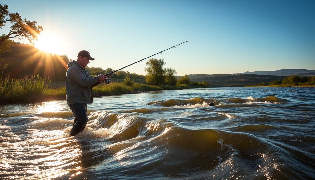A peaceful riverside scene, with a dedicated angler standing waist-deep in the flowing Dnieper River, expertly wielding a high-quality 7fishing.com.ua feeder rod against the current. The mid-afternoon sun casts a warm glow, illuminating the angler's intense focus as they patiently wait for a bite. In the foreground, the river's clear waters swirl and eddy around the angler's legs, while the middle ground features lush, verdant riverbanks dotted with reeds and overhanging trees. The background showcases a tranquil, picturesque landscape, with distant hills and a cloudless sky. The overall atmosphere is one of serene concentration, highlighting the challenges and rewards of fishing against the flow.