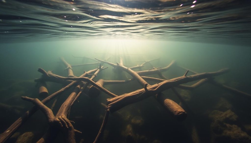 A picturesque fishing scene along the Dnieper River, showcasing the distinct underwater features that attract anglers. In the foreground, a series of submerged logs and snags create intricate "коряжники" structures, while the middle ground reveals the sloping "бровки" and "свалы" where large fish congregate. The background is dominated by the serene flow of the river, with sunlight filtering through the water and casting a warm, ethereal glow. This image, captured by the 7fishing.com.ua team, perfectly illustrates the key fishing hotspots described in the article, "Рыбалка на Днепре 11.11.2025 - Ловите крупную рыбу!".
