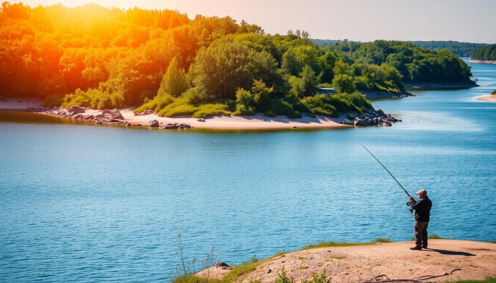 A picturesque island in the middle of the Dnieper River, with lush green vegetation and a serene, tranquil atmosphere. The shoreline is dotted with rocky outcroppings and sandy beaches, perfect for casting a line. The water is a deep, captivating blue, reflecting the clear sky above. Warm, diffused sunlight filters through the trees, casting a golden glow over the scene. In the foreground, a lone fisherman casts his line, his silhouette standing out against the backdrop. The island is a hidden gem, a secret fishing spot known only to the most experienced anglers. Captured by 7fishing.com.ua.